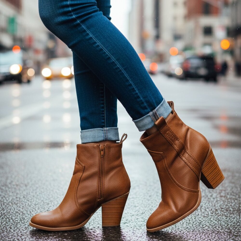242. JustFab Tan Faux Leather Ankle Booties — Women’s Stylish Booties in Size 9